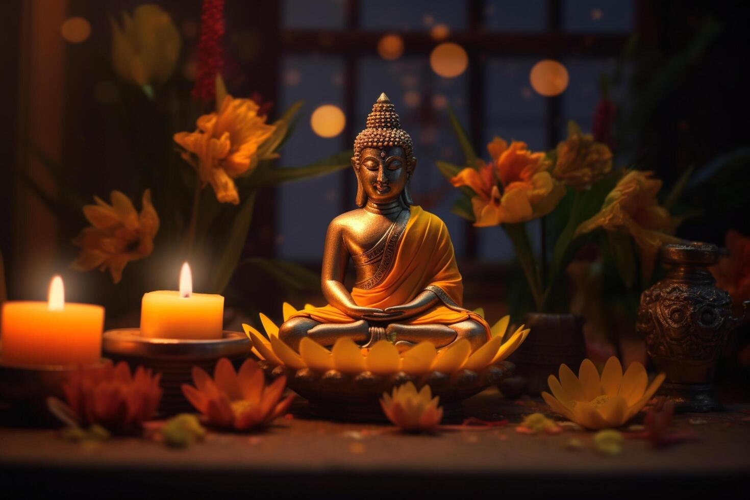 A buddha sits in a garden with a lotus and candles. Background for vesak festival celebration. Vesak day concept. Vesak celebration day greetings by photo