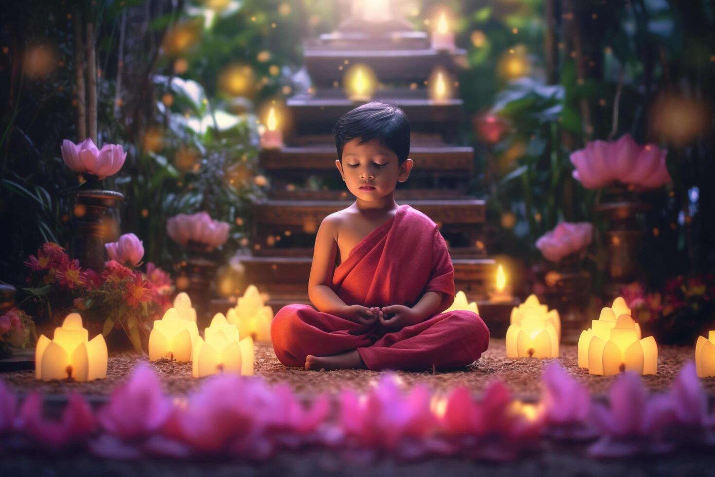 A young buddha sits in a garden with a lotus and candles. Background for vesak festival celebration. Vesak day concept. Vesak celebration day greetings by photo