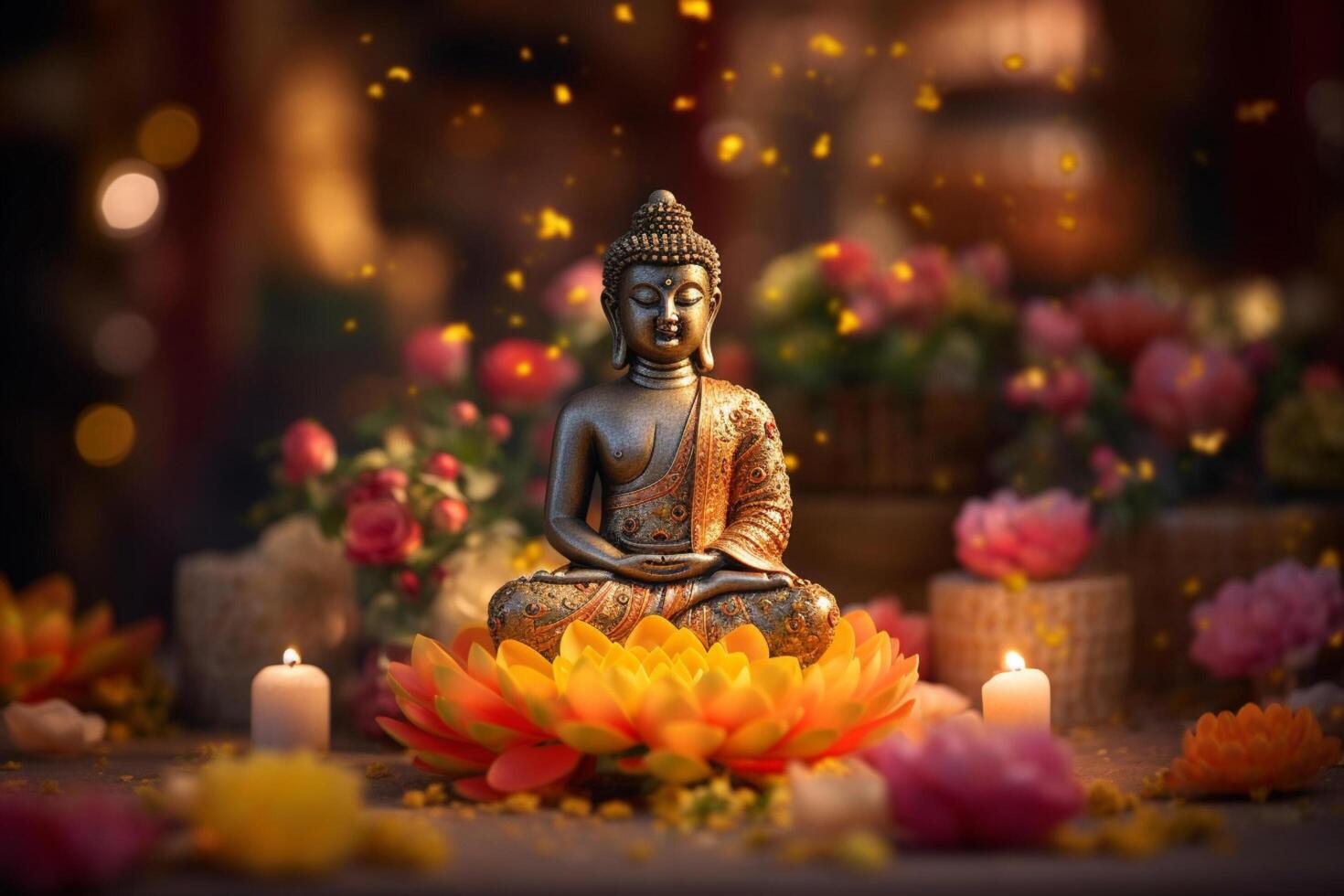 A buddha sits in a garden with a lotus and candles. Background for vesak festival celebration. Vesak day concept. Vesak celebration day greetings by photo
