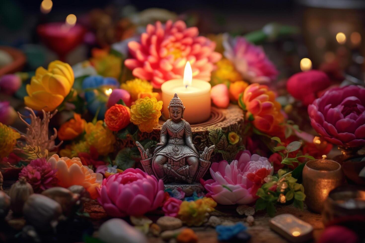 A buddha sits in a garden with a lotus and candles. Background for vesak festival celebration. Vesak day concept. Vesak celebration day greetings by photo