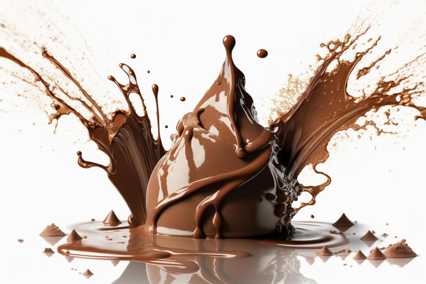 A delicious melting chocolate splash in a realistic style. Hot chocolate, cacao or coffee splash. Tasty chocolate liquid splash. Chocolate sauce crown splash. For chocolate day dessert by photo