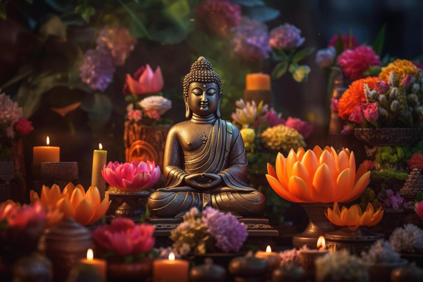 A buddha sits in a garden with a lotus and candles. Background for vesak festival celebration. Vesak day concept. Vesak celebration day greetings by photo