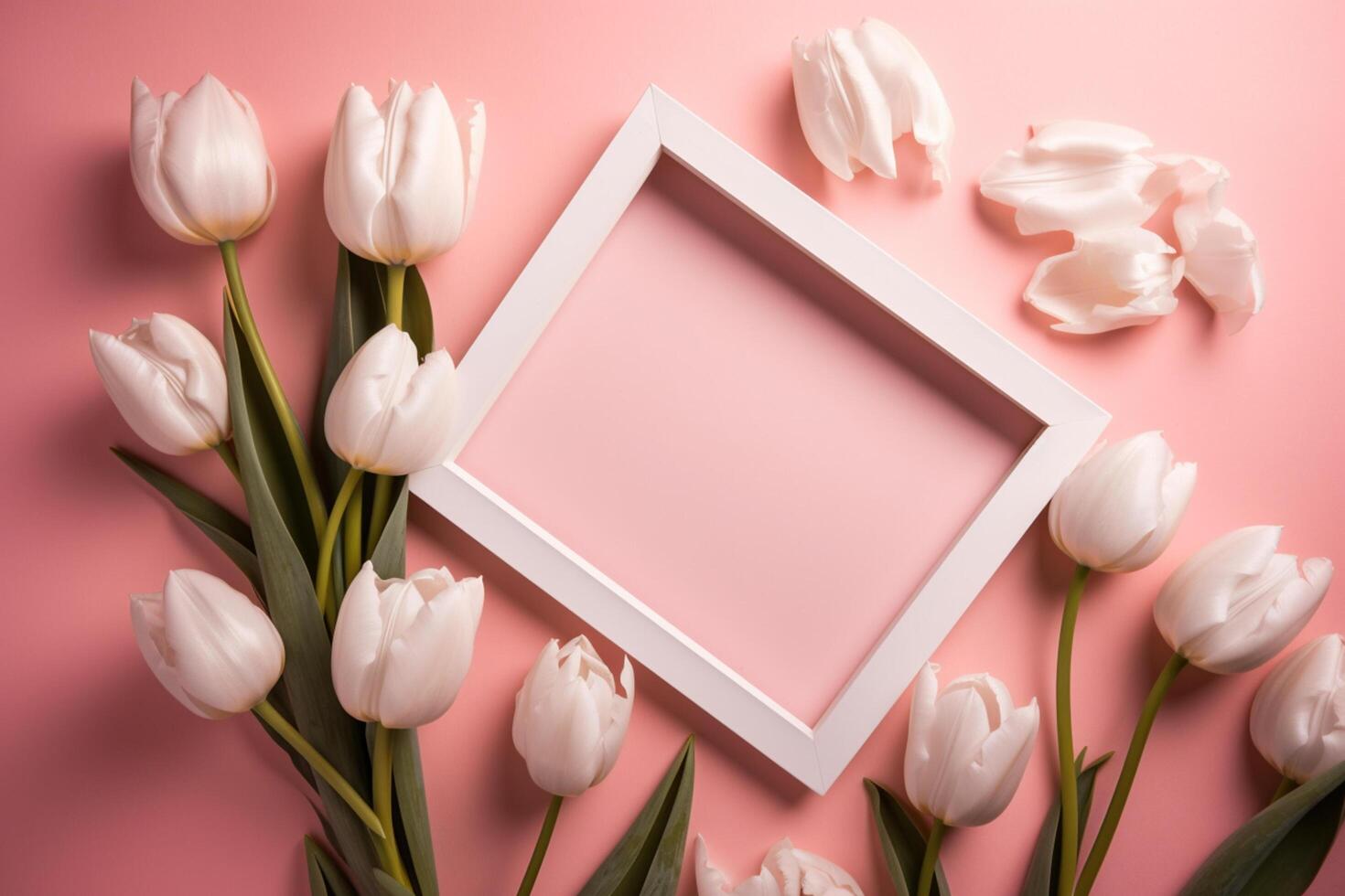 Empty white picture frame with pink tulips on a pink background photo