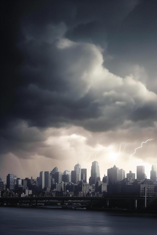 Financial Storm City Skyline during Bank Run with Thunder and Lightning photo