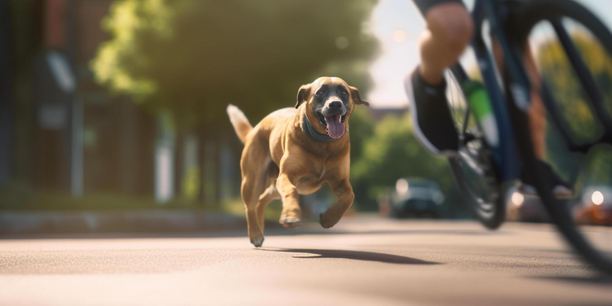 canino excursión en coche perro corriendo junto a propietario en bicicleta camino en ciudad ai generado foto