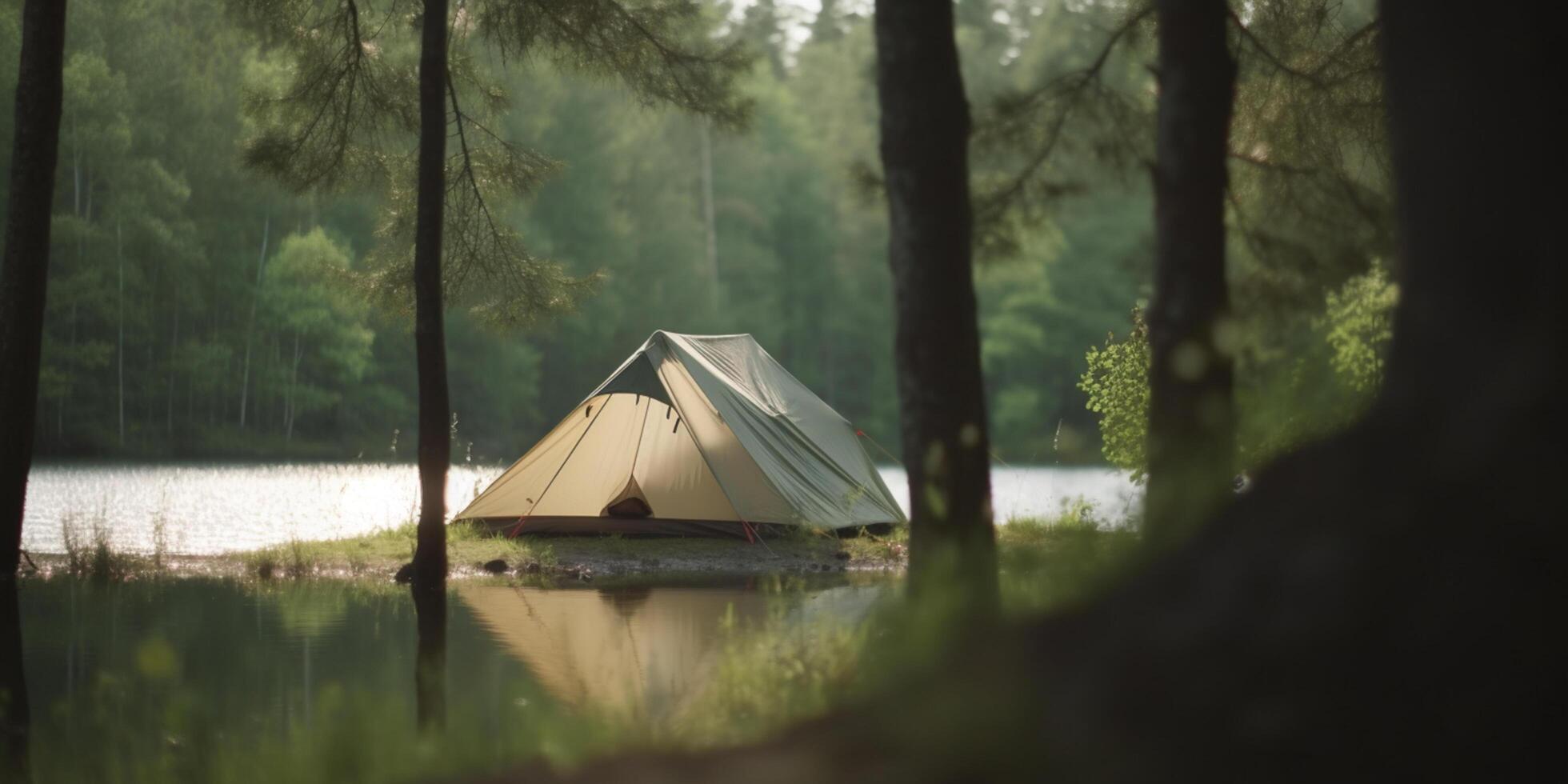 Mañana reflexiones un tienda por el bosque lago a amanecer, cámping ai generado foto