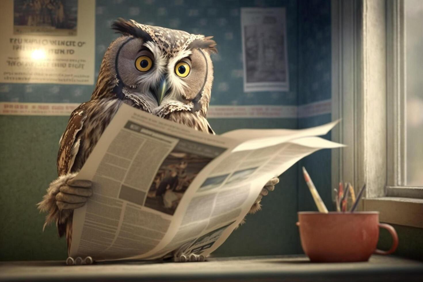 Wise owl catches up on current events by reading the newspaper photo