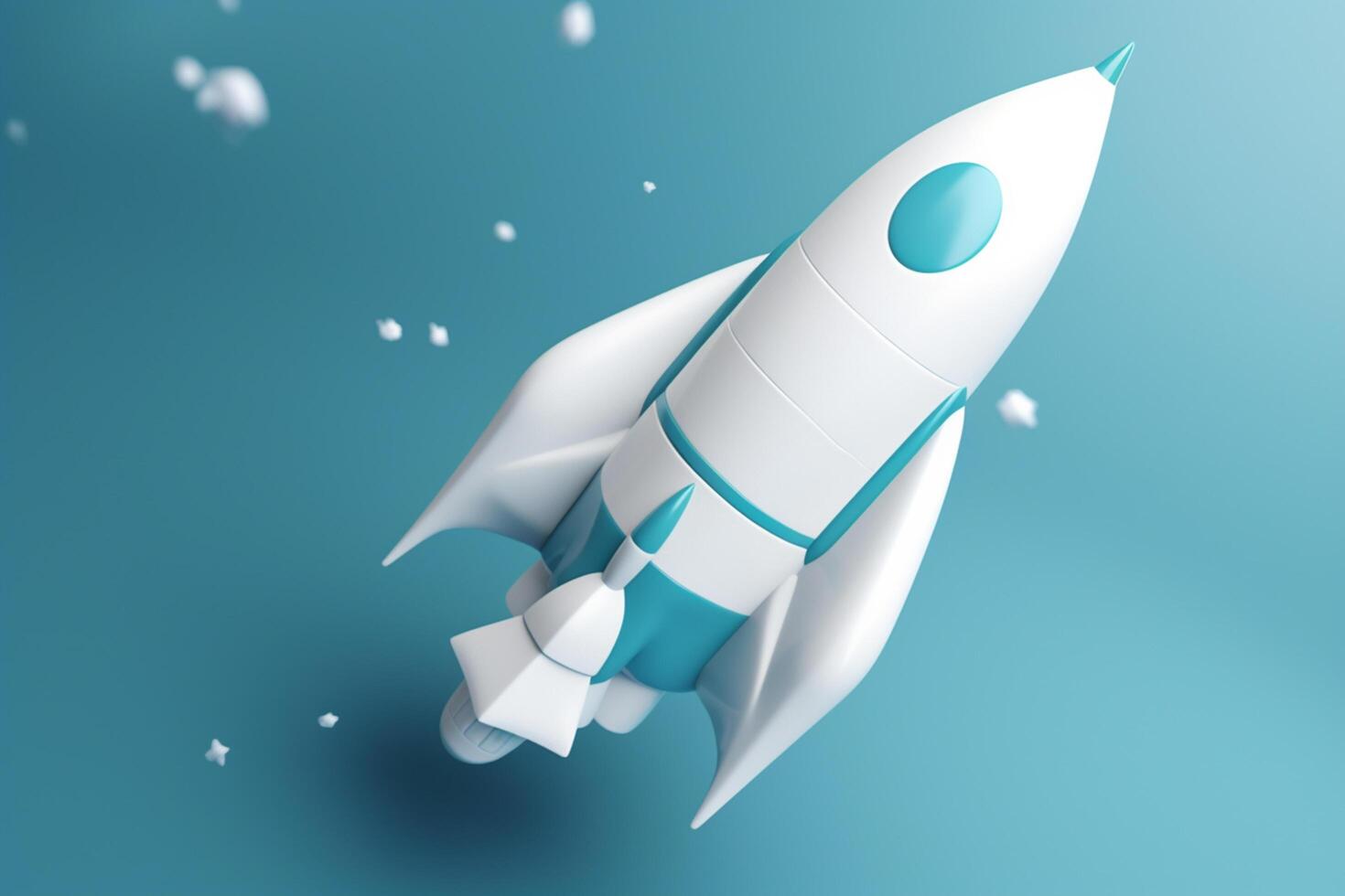 Symbolic 3D Rendering of White Rocket Model against Blue Background for Startup Concepts photo