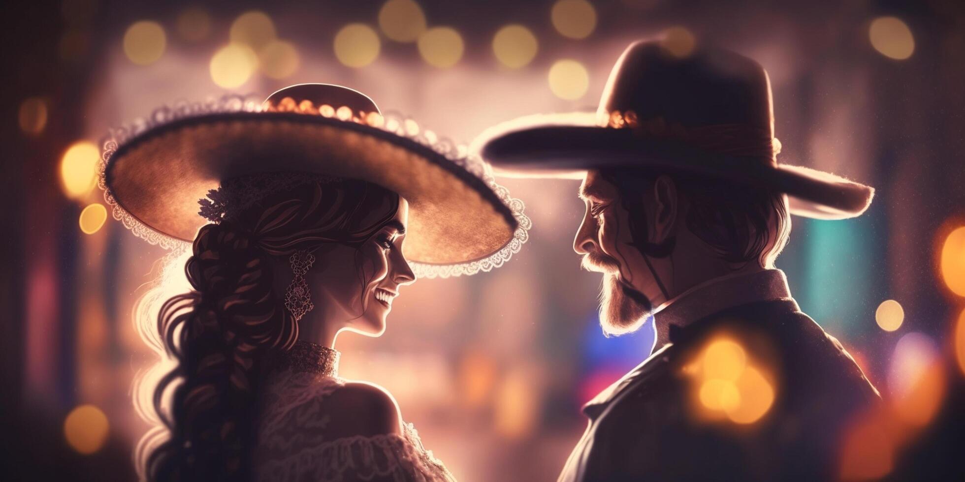 A Mexican Couple Dancing in Traditional Clothing with Hats and Bokeh photo