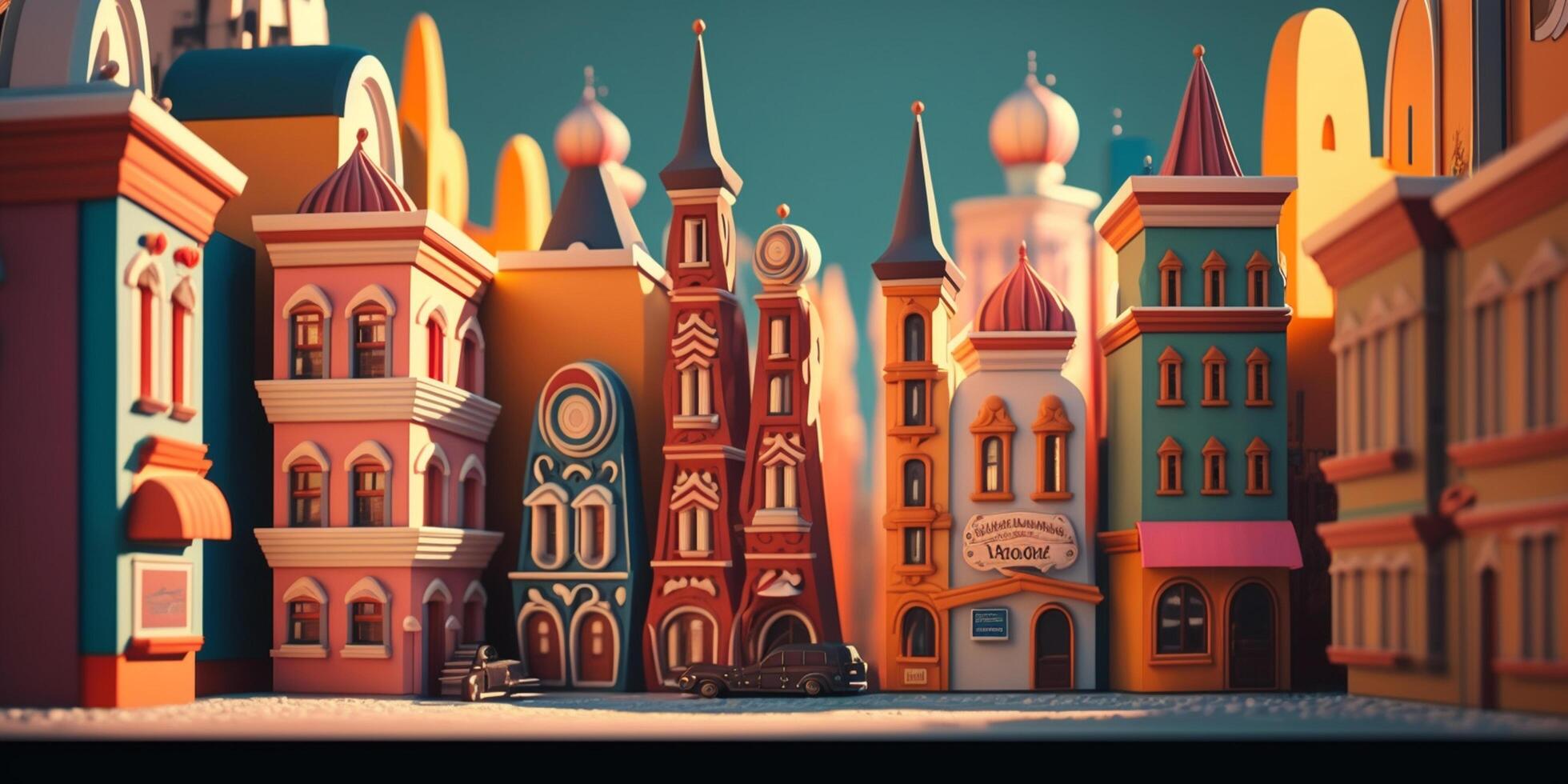 Colorful Cartoon-Style Russian Town with Cozy Houses and Onion-Shaped Towers photo