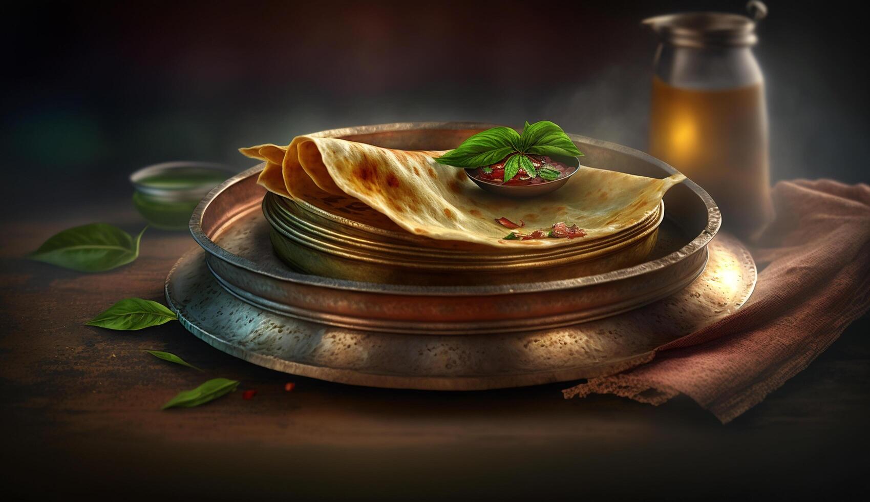 Delicious South Indian Crepes Dosas Steaming on a Dark Background photo