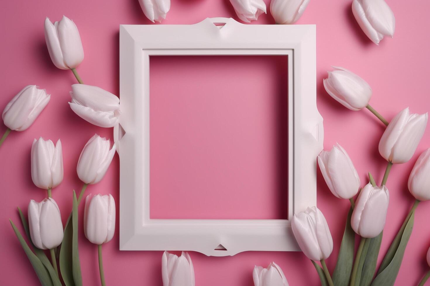 Empty white picture frame with pink tulips on a pink background photo