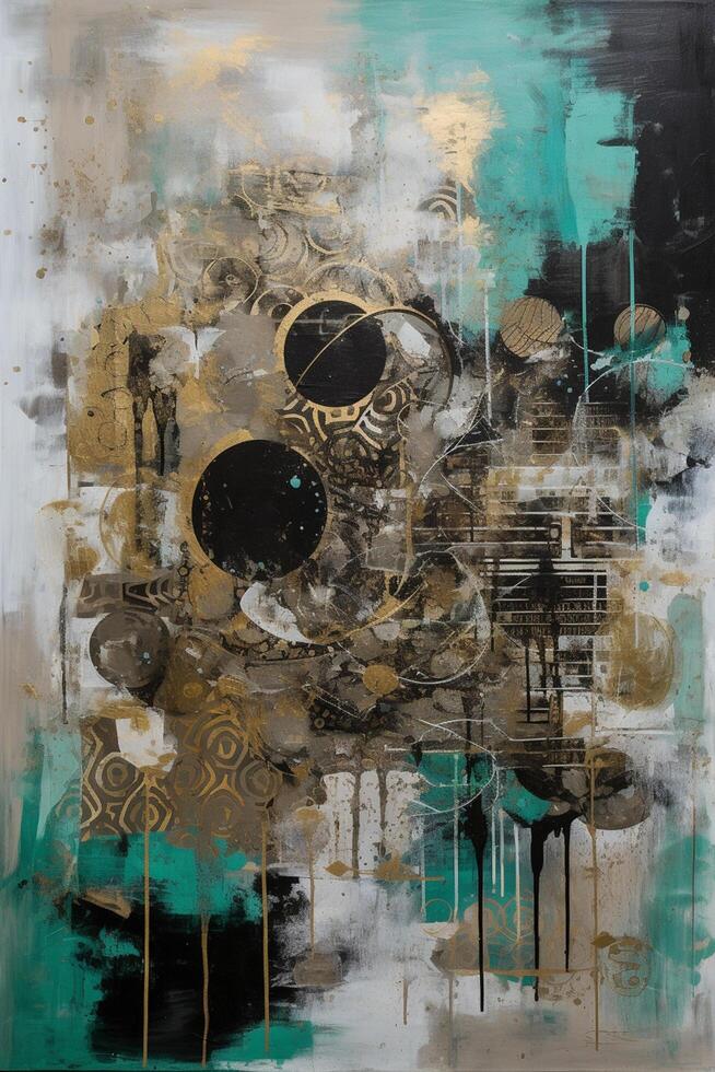 Industrial Elegance A Captivating Fusion of Collage and Paint in Large Canvas Paintings, Adorned with Turquoise and Sepia Tones photo