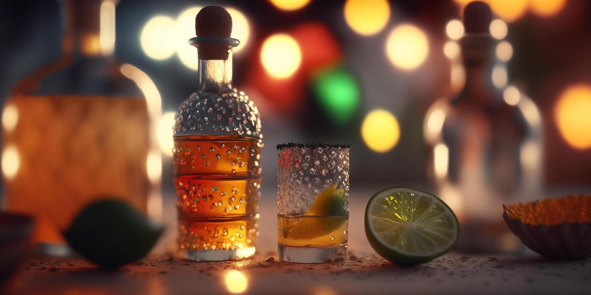 un todavía vida de vistoso lentes y botellas de tequila y mezcales, un mexicano espíritu, crea un hermosa bokeh efecto. ai generado foto