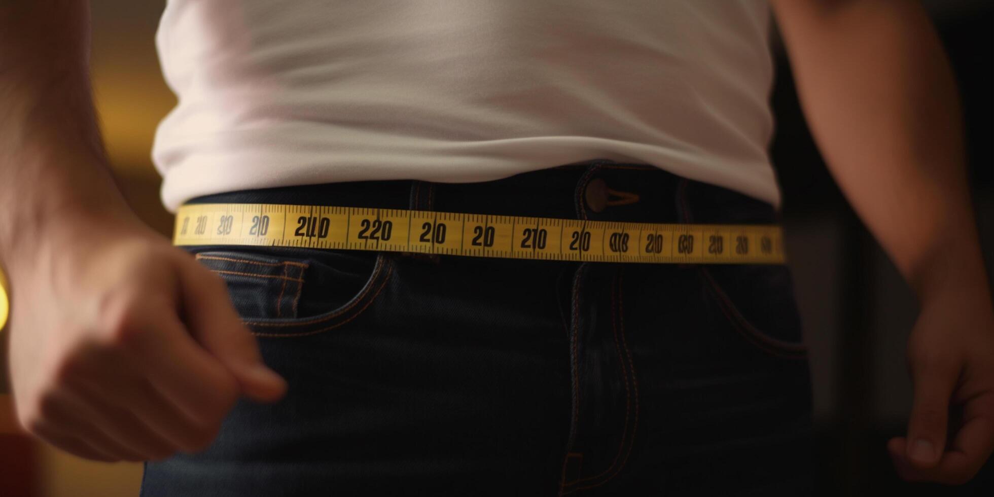 Measuring waist size with tape measure for weight loss progress photo