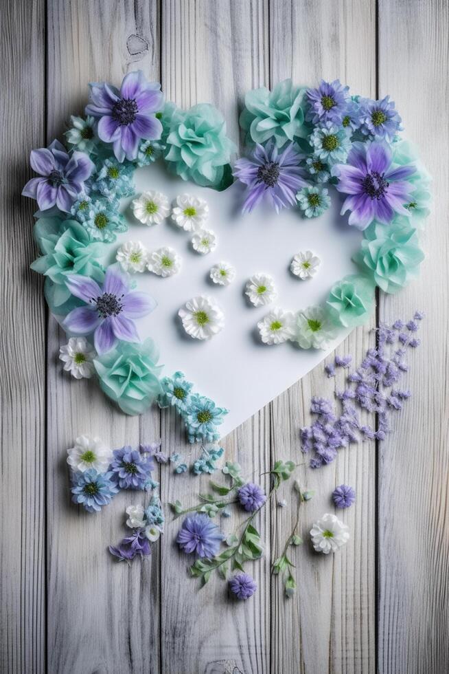 Heart-shaped Blue Blossoms on Light Wooden Background photo