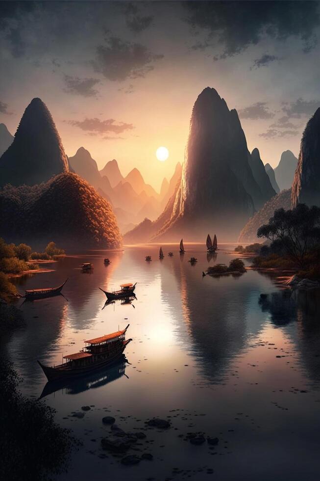 River Serenade Majestic Chinese Landscape with Sunset Glow, Boats, and Mountains photo