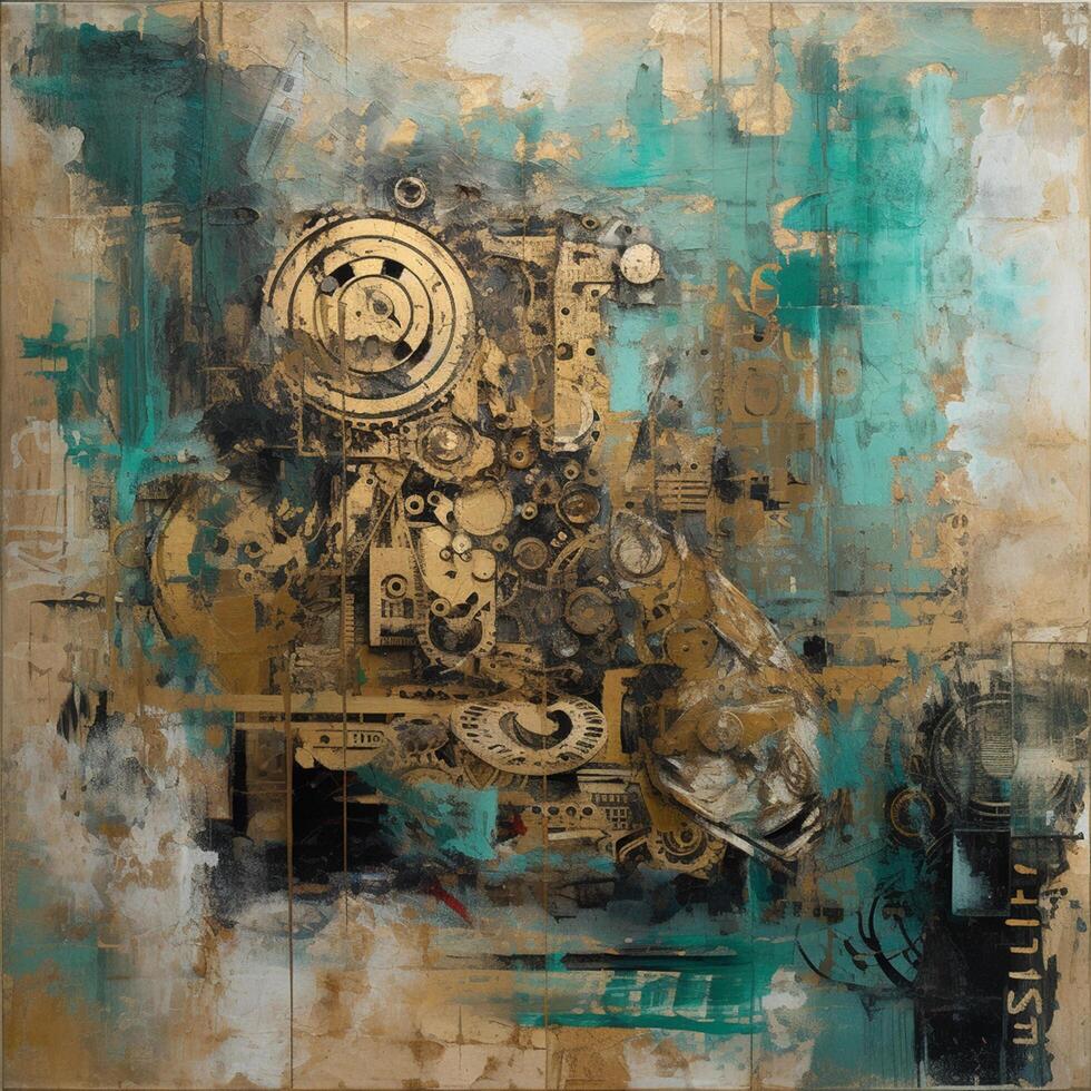 Industrial Elegance A Captivating Fusion of Collage and Paint in Large Canvas Paintings, Adorned with Turquoise and Sepia Tones photo