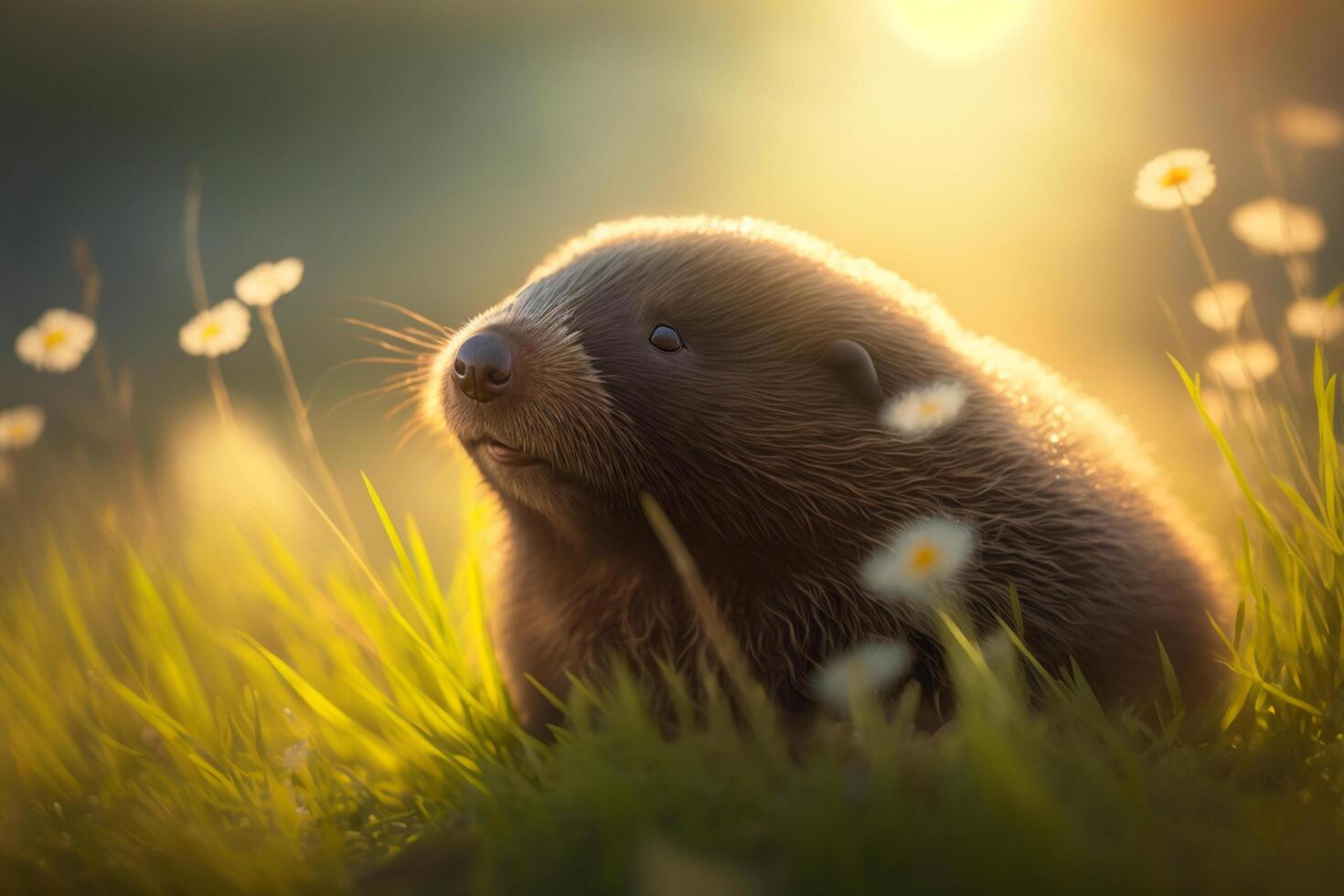 Illustration of cute mole on a green meadow in spring photo
