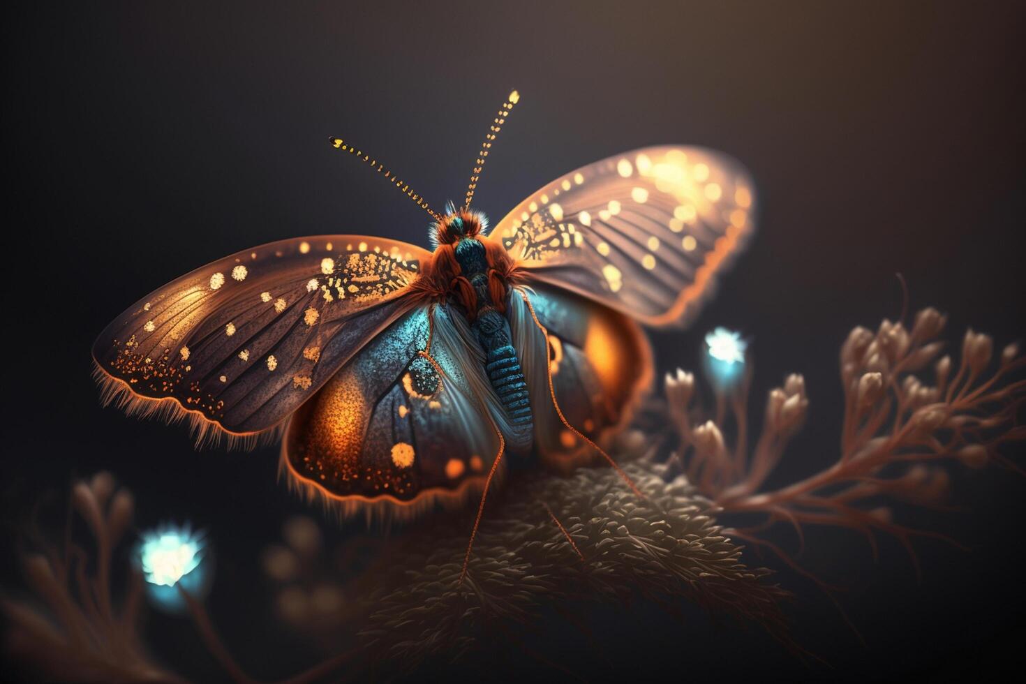 Hyperrealistic Illustration of a Butterfly-Inspired Insect in Enlarged Close-up photo