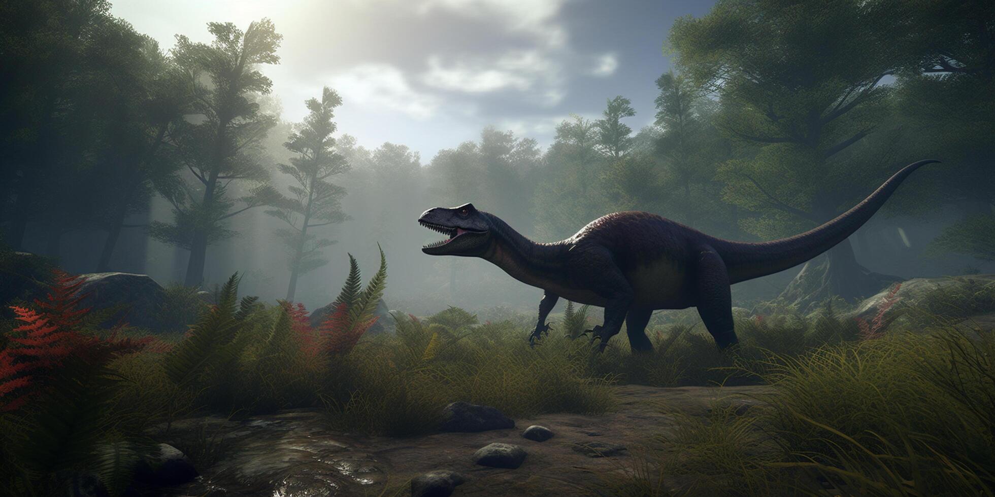 Roaming the Ancient Lands A Realistic Illustration Showcasing the Mighty Allosaurus in a Prehistoric Landscape photo