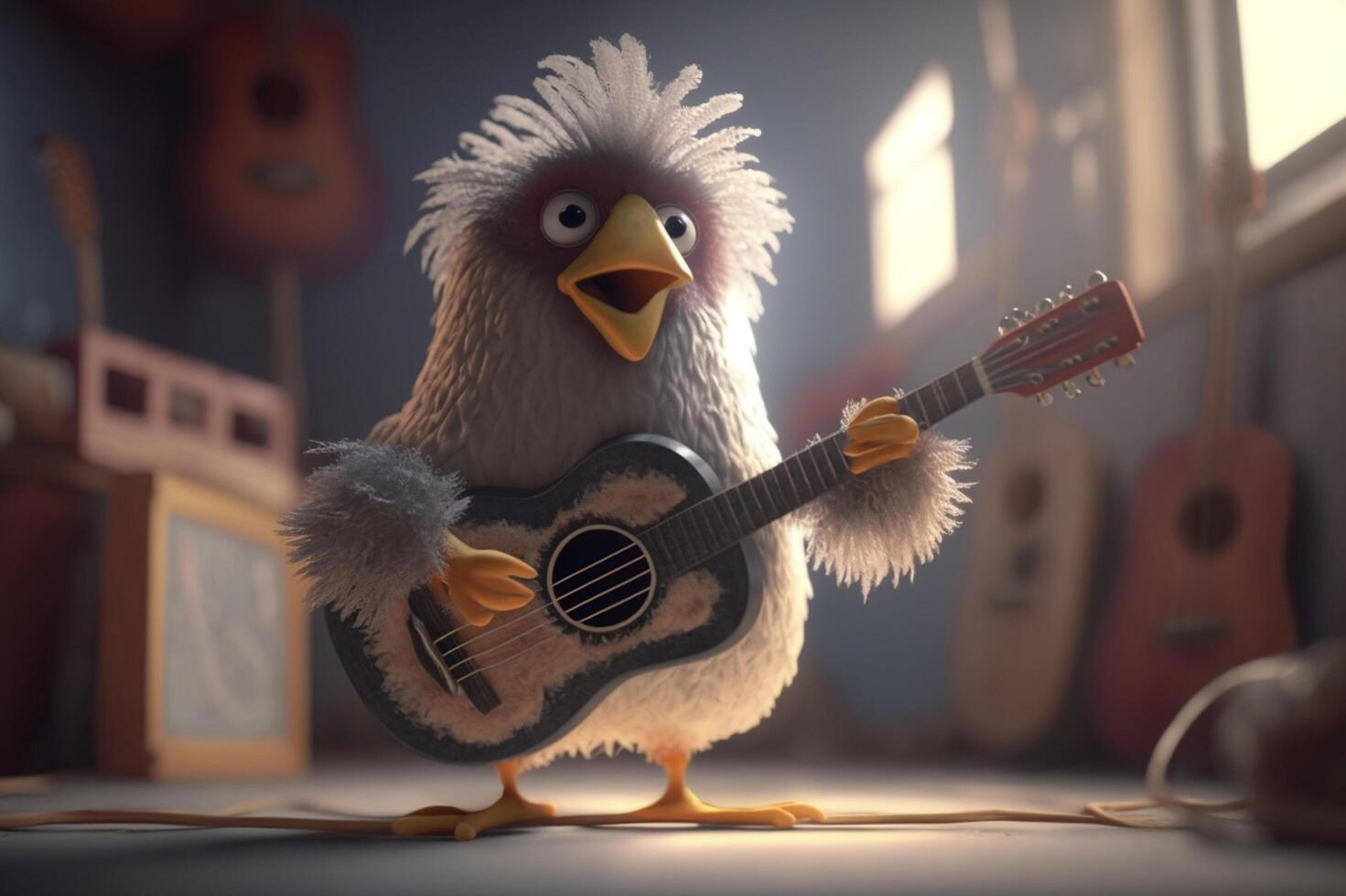 rockeando pollo un loco gallina con un guitarra jugando estrella de rock en etapa ai generado foto