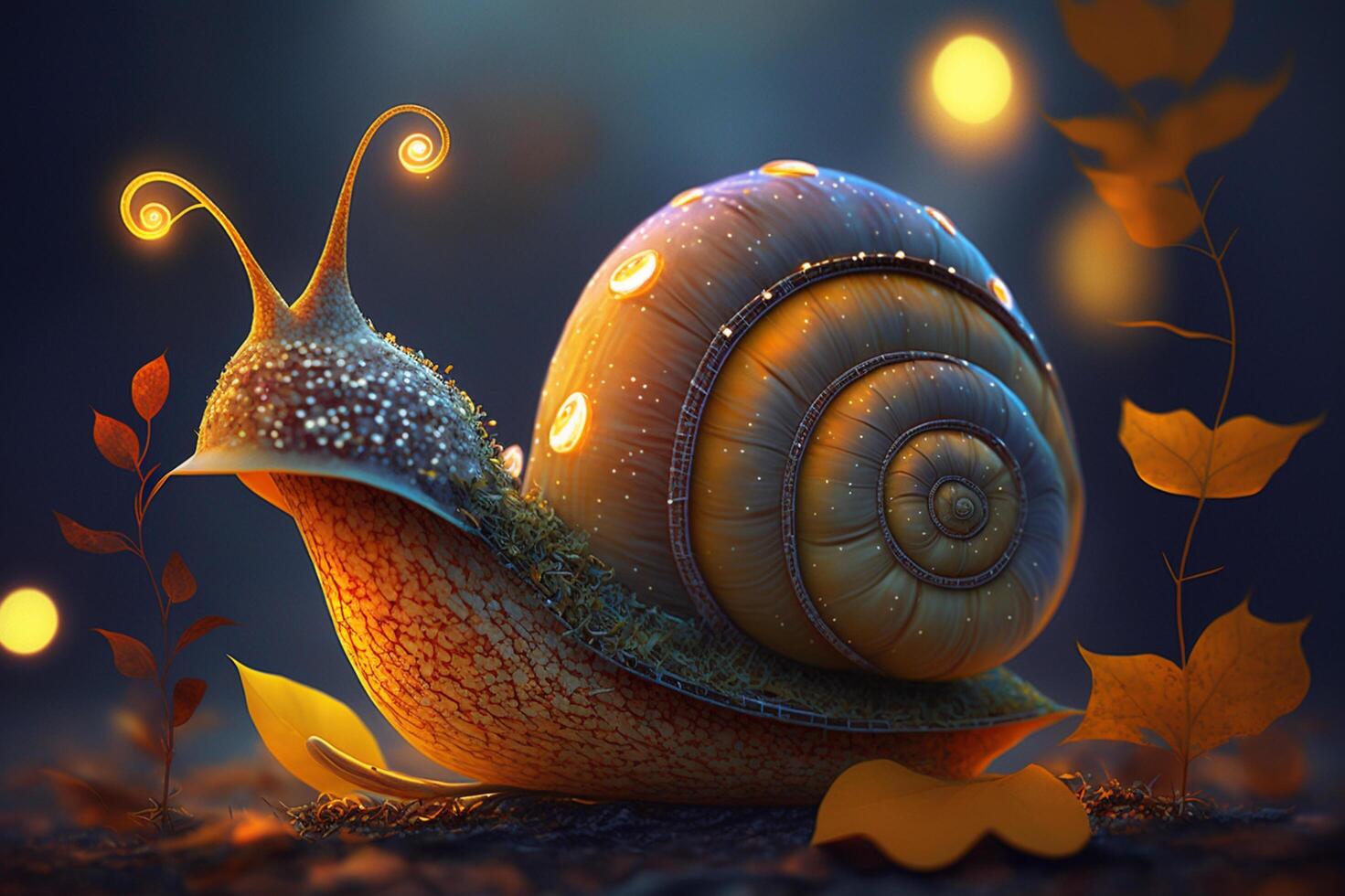A funny snail in a magical fantastic fairy tale world photo