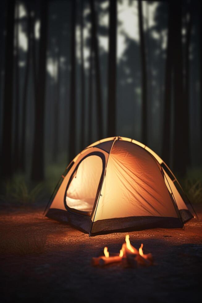 Camping in the Dark Illuminated Tent in the Forest photo