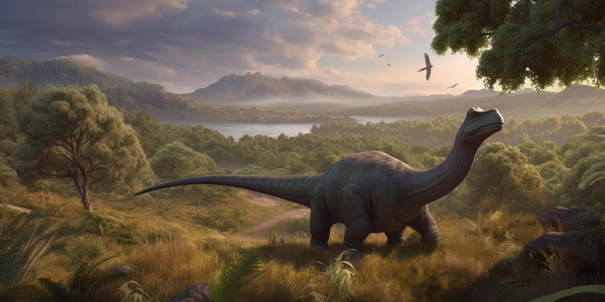 Majestic Encounter Realistic Illustration of an Iguanodon Roaming the Pristine Prehistoric Landscape photo