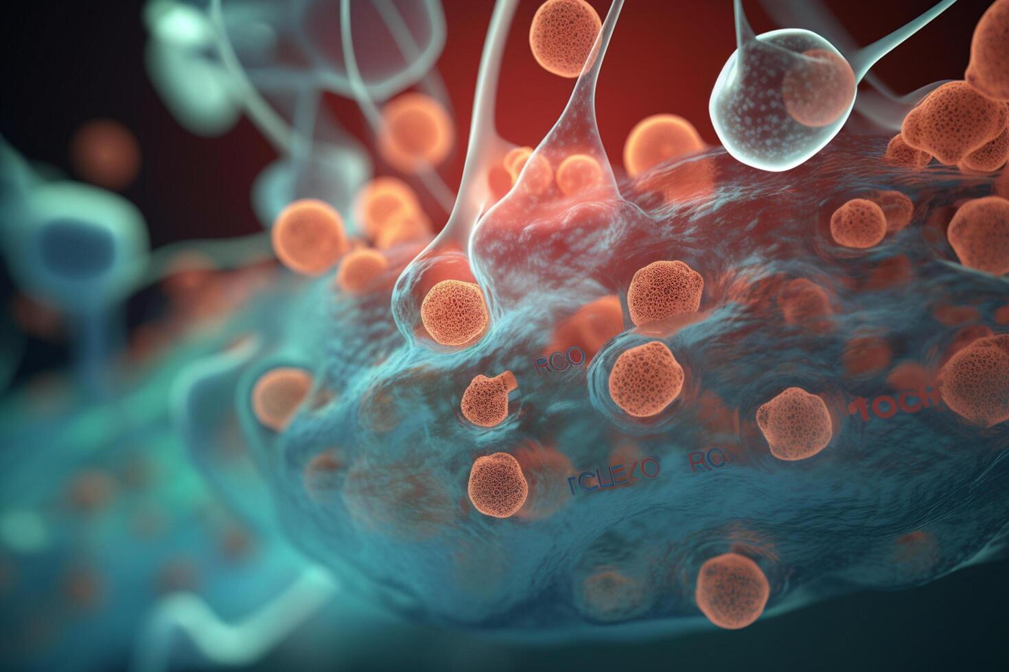 vistoso 3d ilustración de bioquímico proceso de celular respiración a microscópico escala ai generado foto