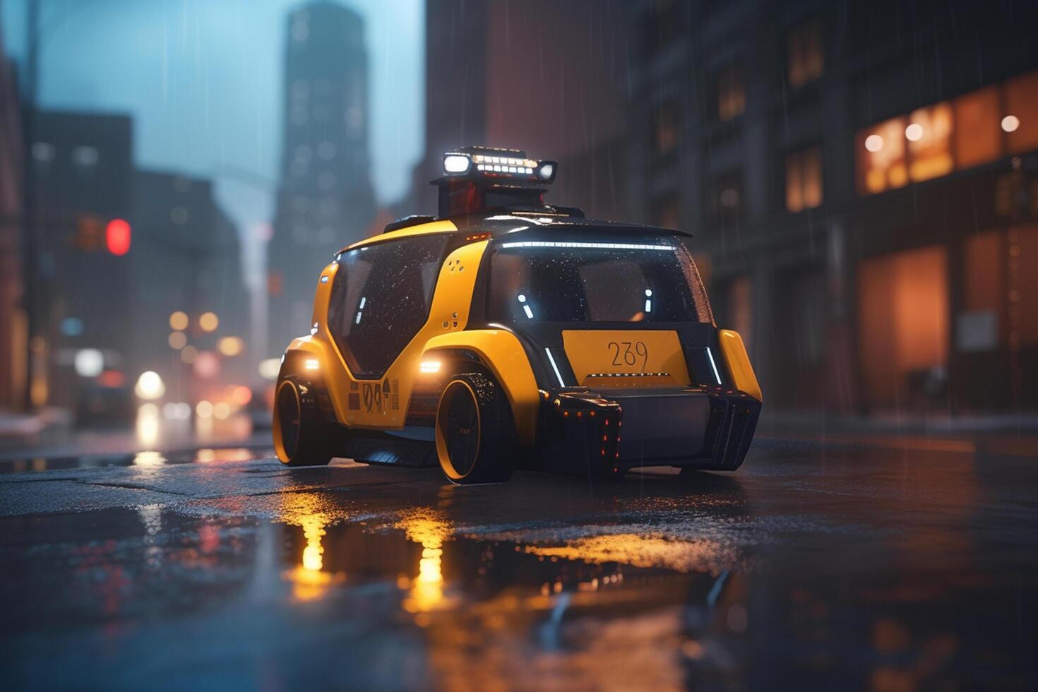 futurista robot Taxi conducción mediante ciudad de mañana ai generado foto