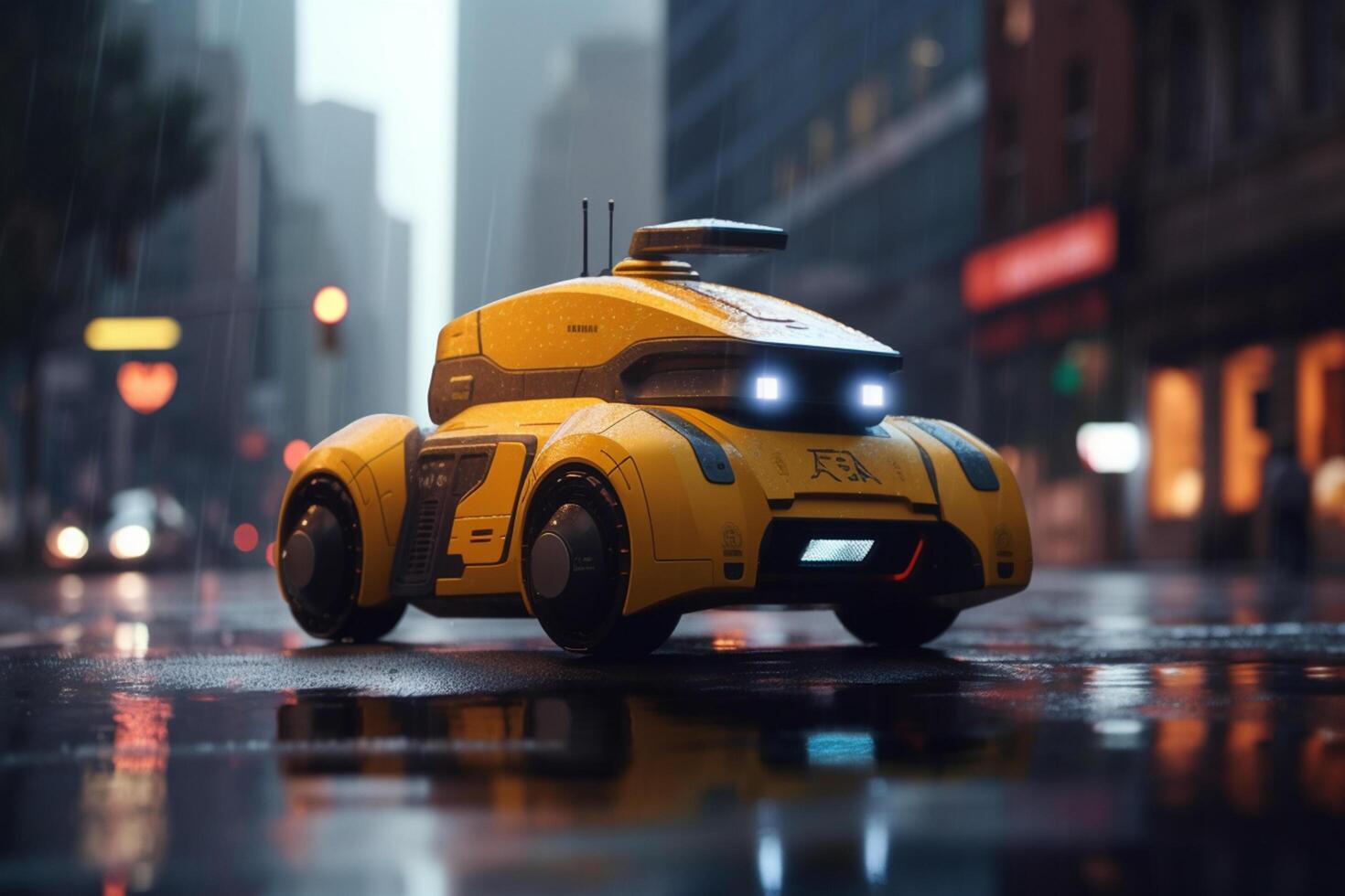 Futuristic Robot Taxi Driving Through City of Tomorrow photo