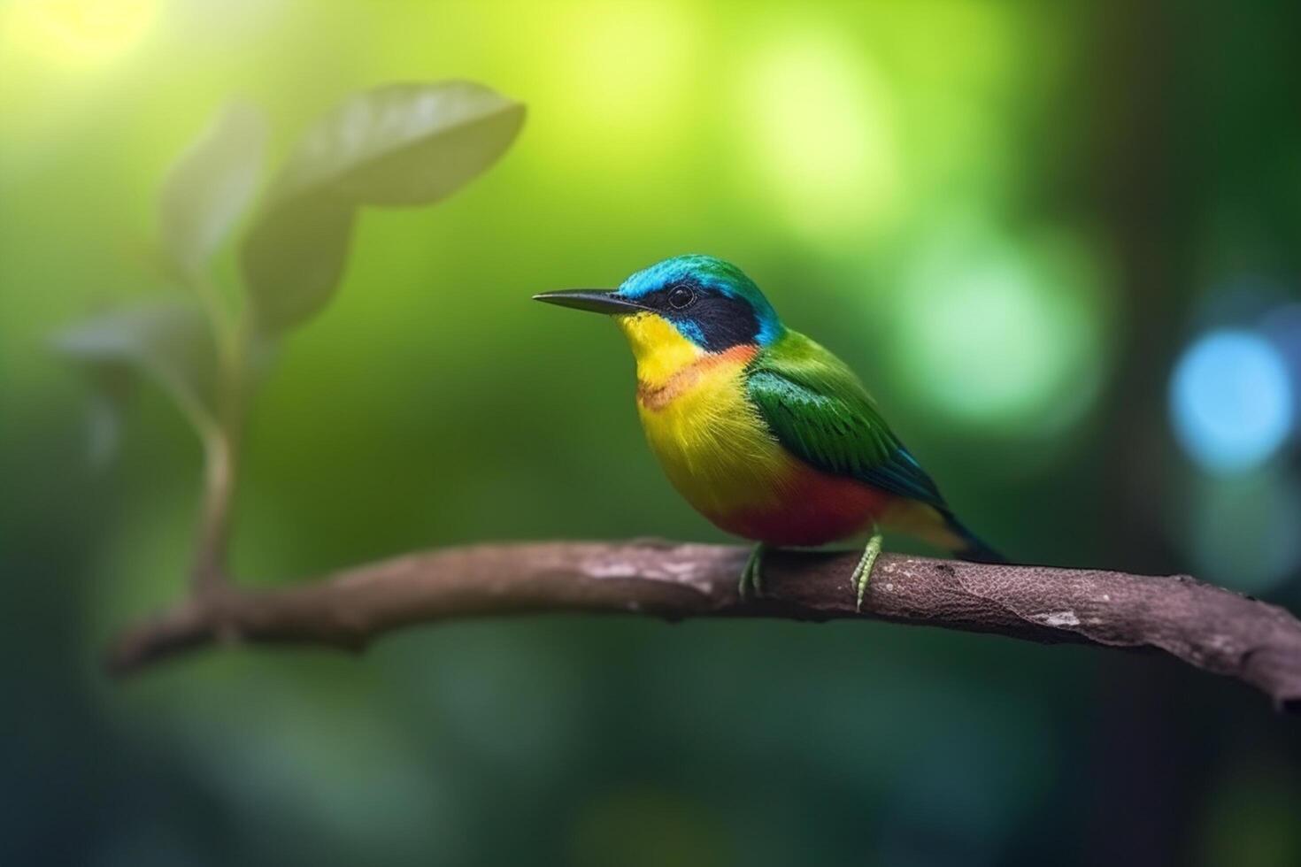 Colorful bird perched on a branch in the rainforest photo