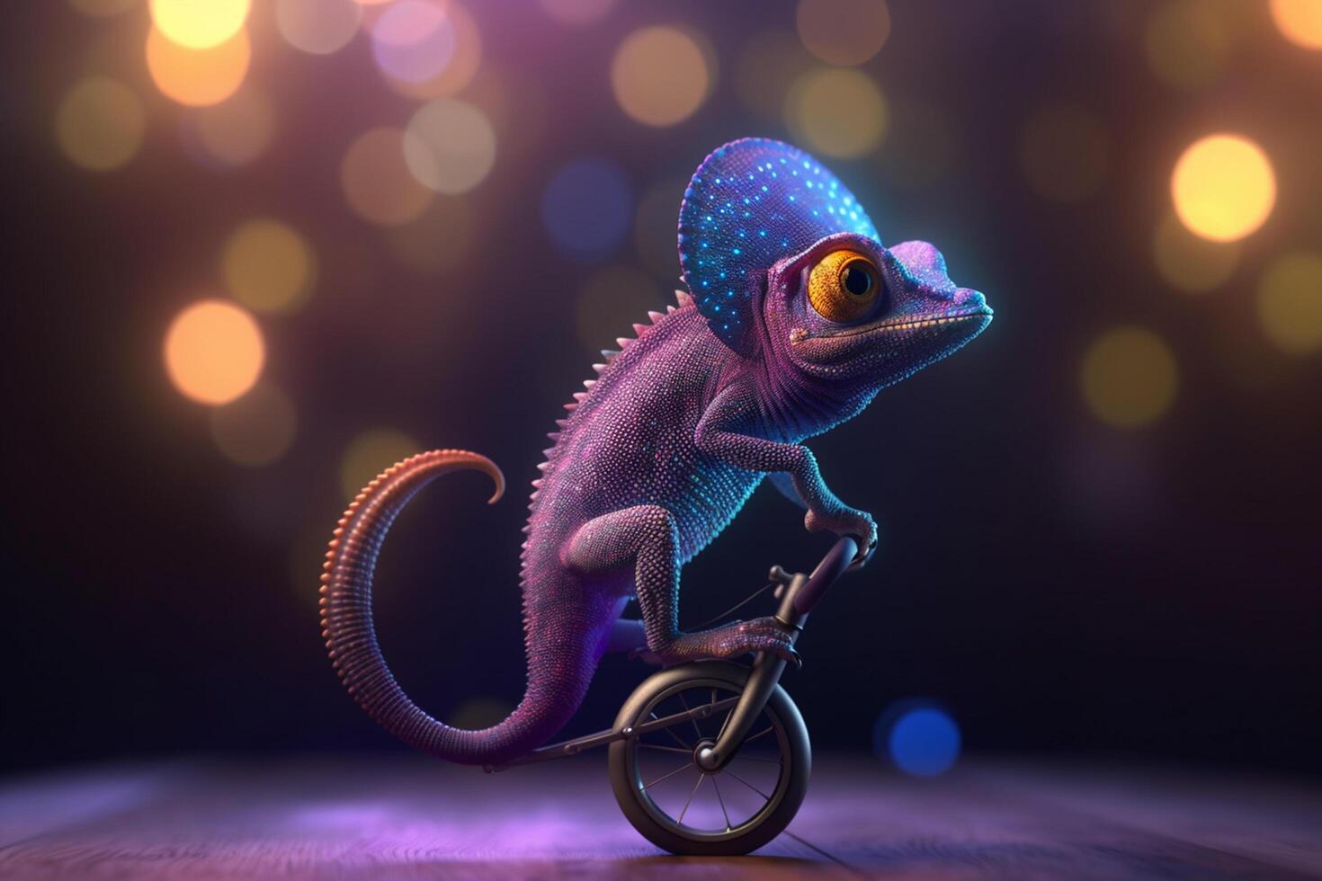 The Funny Chameleon Riding a Unicycle in a Circus Performance photo