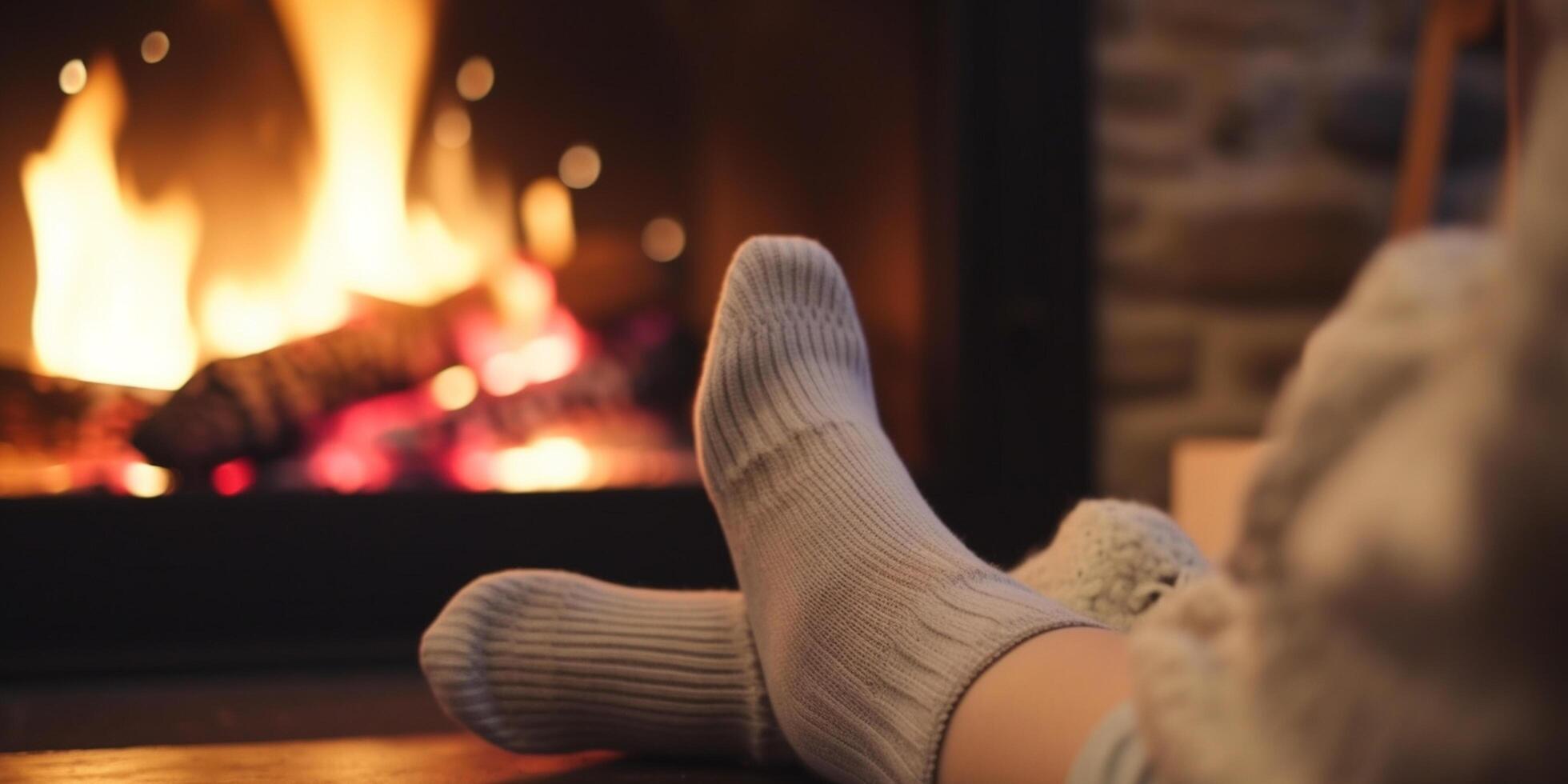 Warm and Cozy A Close-up of a Woman's Socks by the Fireplace photo