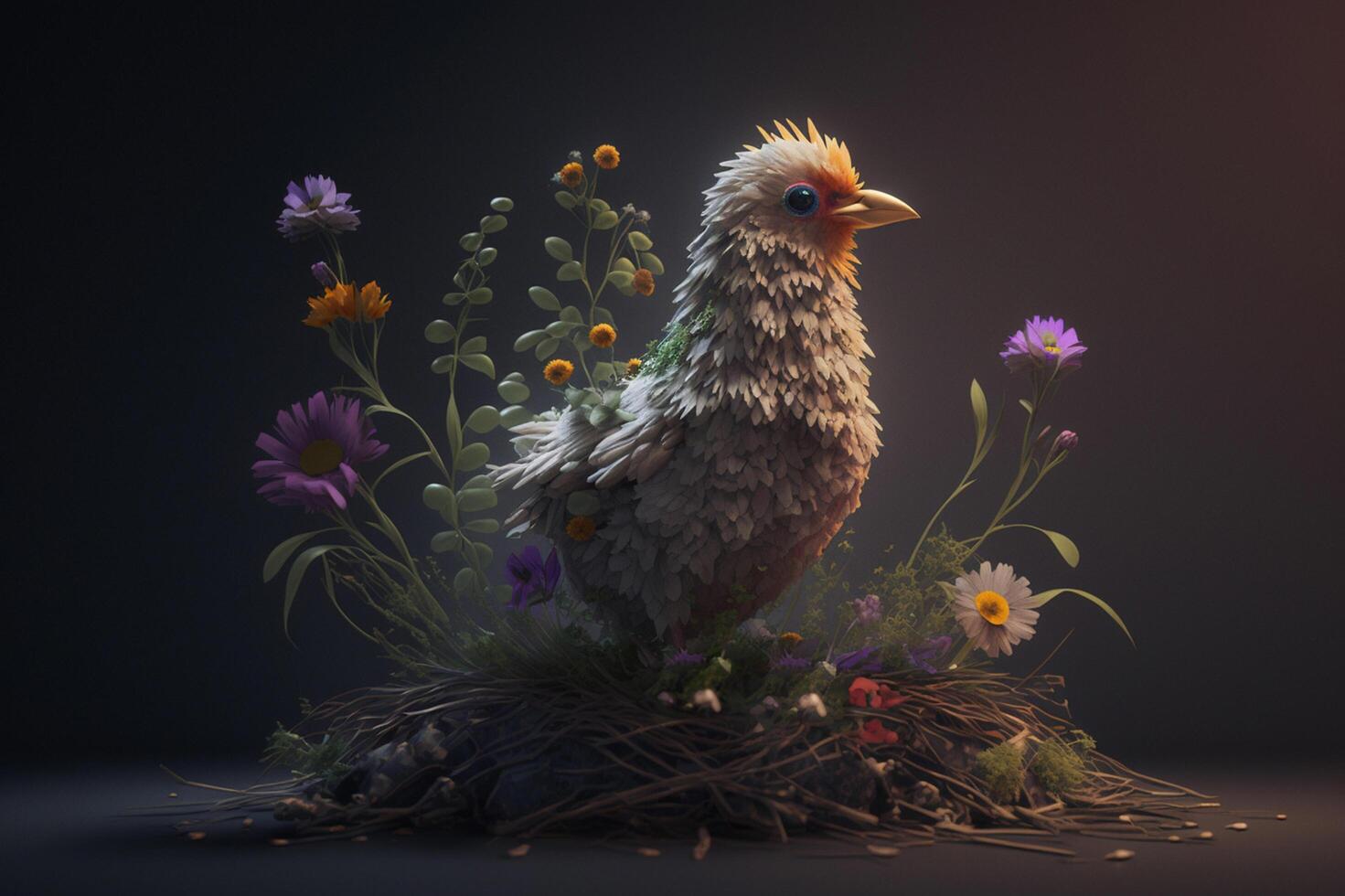 A Chicken Resting in a Nest Made of Flowers photo