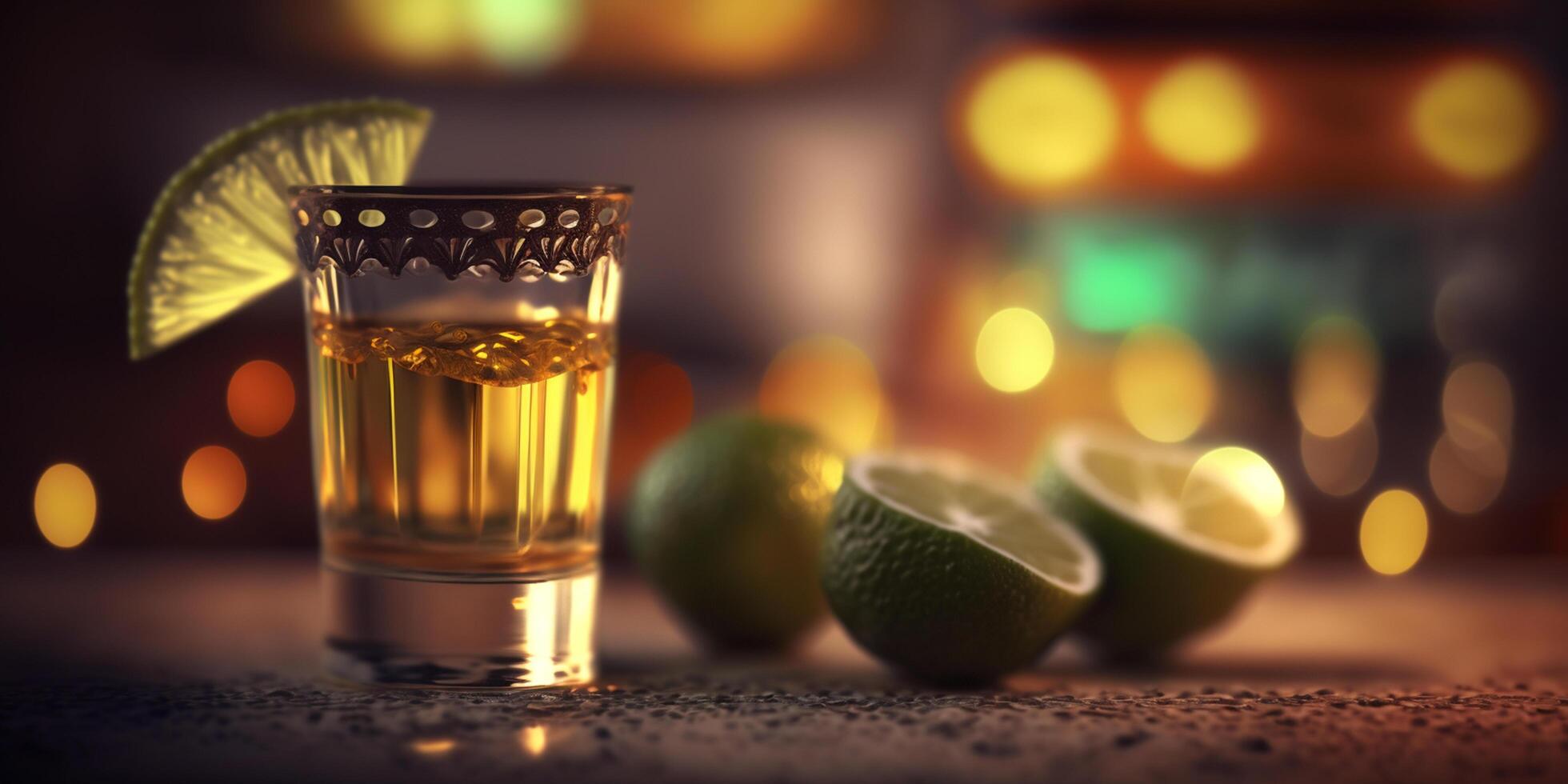 un todavía vida de vistoso lentes y botellas de tequila y mezcales, un mexicano espíritu, crea un hermosa bokeh efecto. ai generado foto