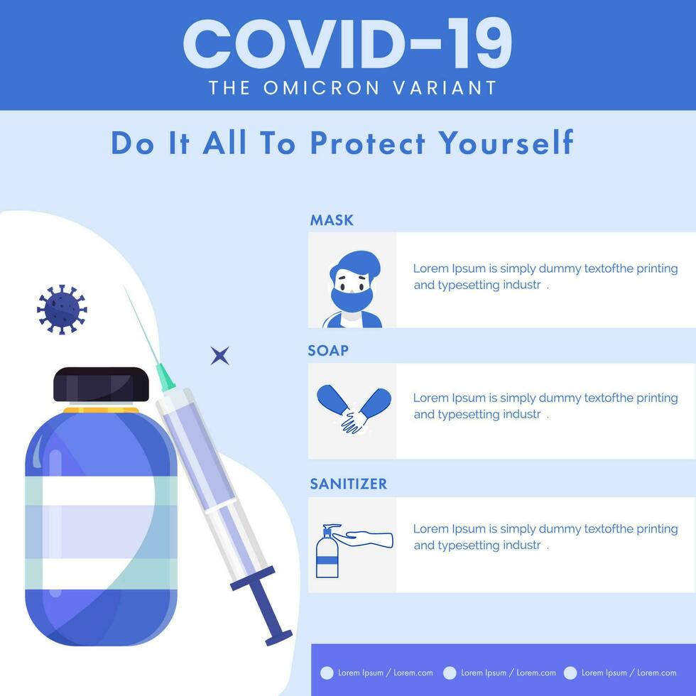 Omicron Variant As Wear Mask, Washing Hands, Use Sanitizer And Get Vaccinated. Can Be Used As Poster Design. vector