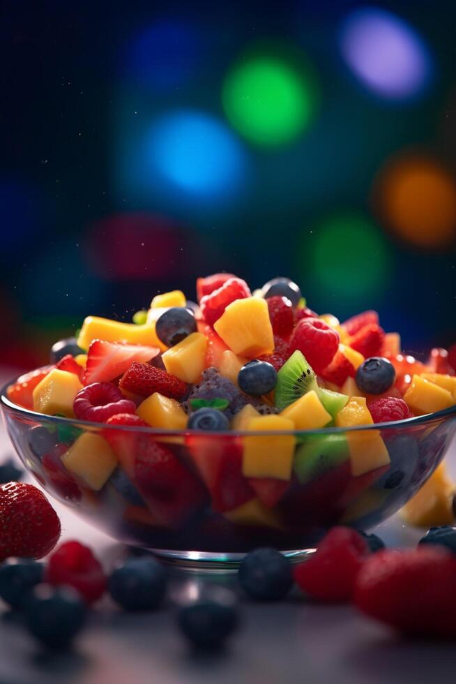 Colorful fruit salad in a bowl with mixed berries, kiwi, and mango photo