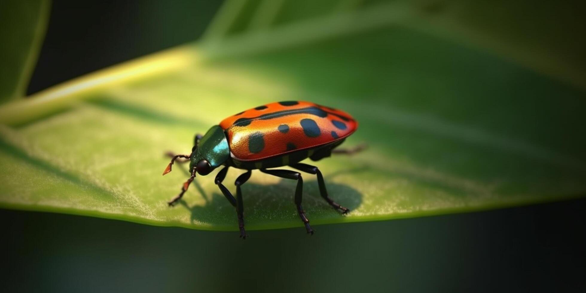 Scarlet Beetle on a Vibrant Green Leaf in the Rainforest photo