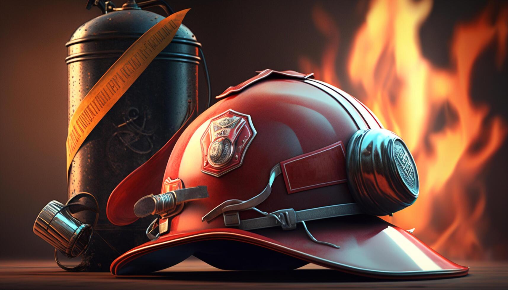 Fire Extinguisher and Firefighter Helmet with Flames in Background - Essential Safety Gear in Action photo