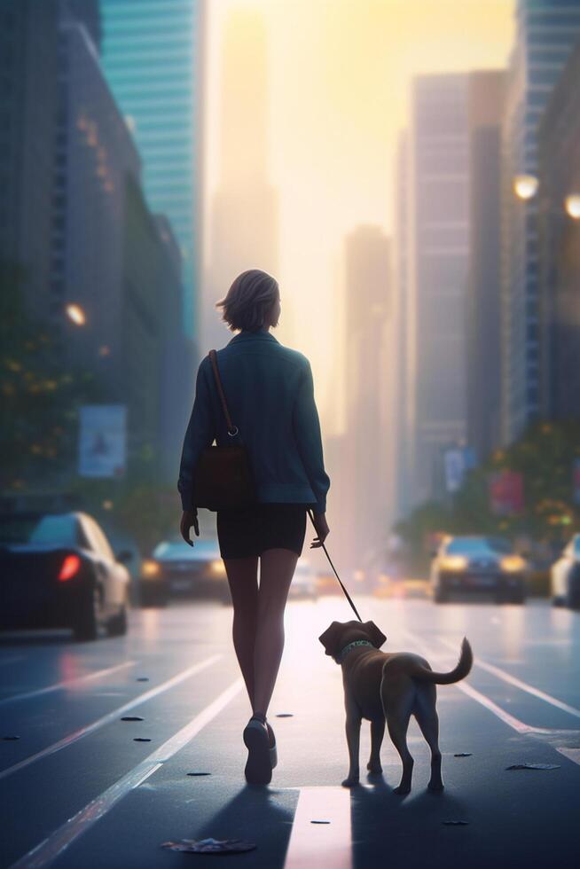 ciudad paseo con canino compañero un mujer y su perro en medio de rascacielos durante puesta de sol ai generado foto