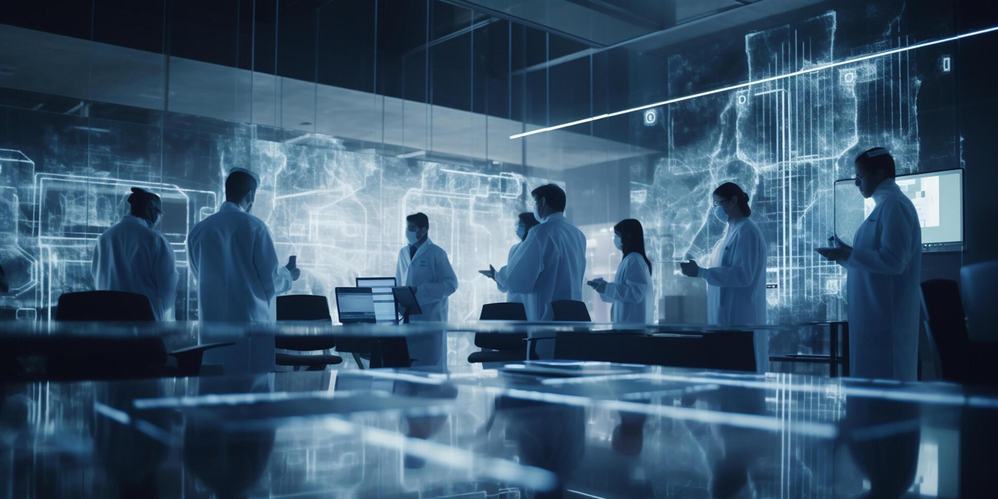 Medical team with surgical masks working in a high-tech laboratory photo