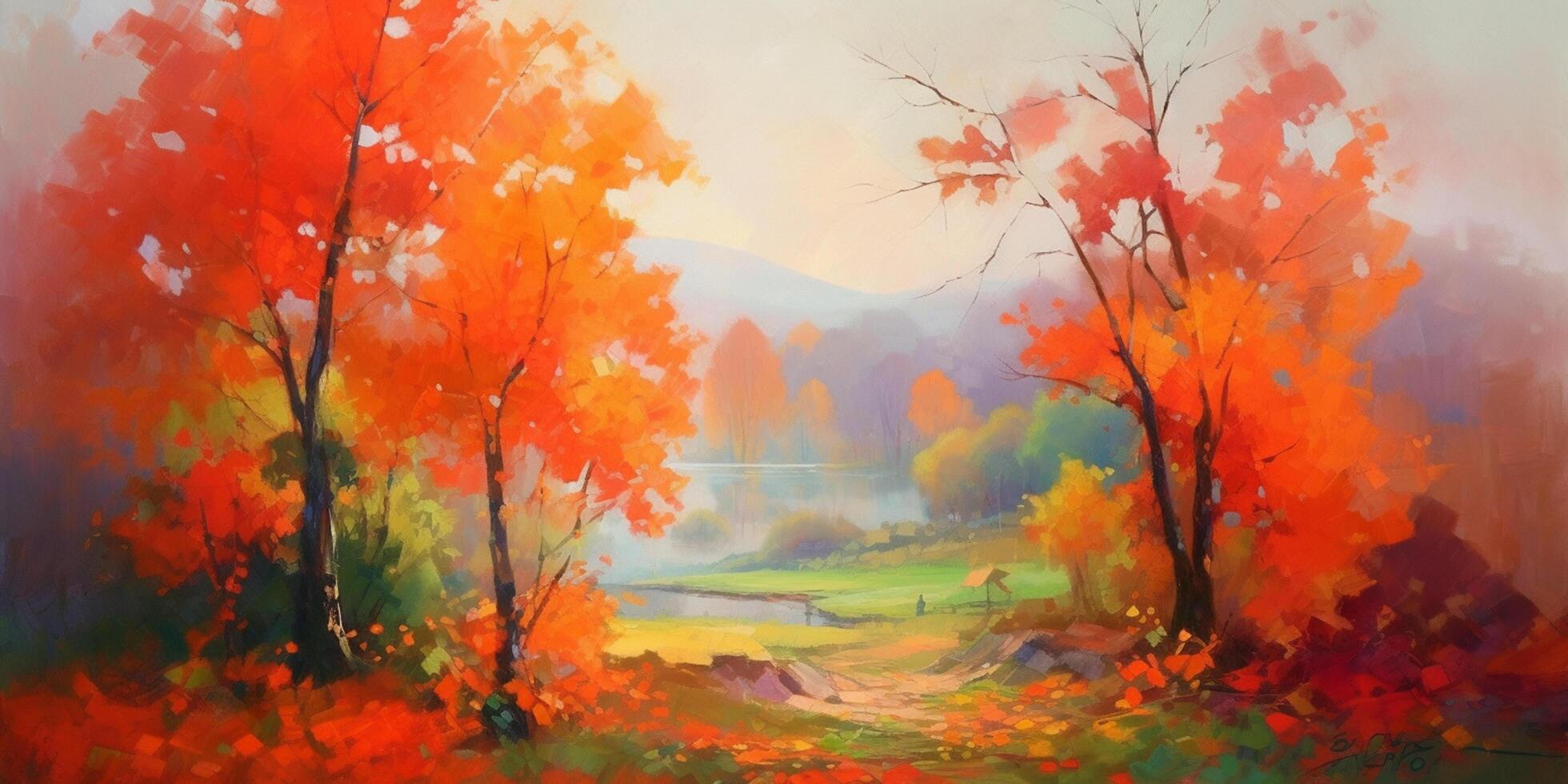 Autumnal Blaze Spatula Painting of Vibrant Trees on a Cool October Day photo