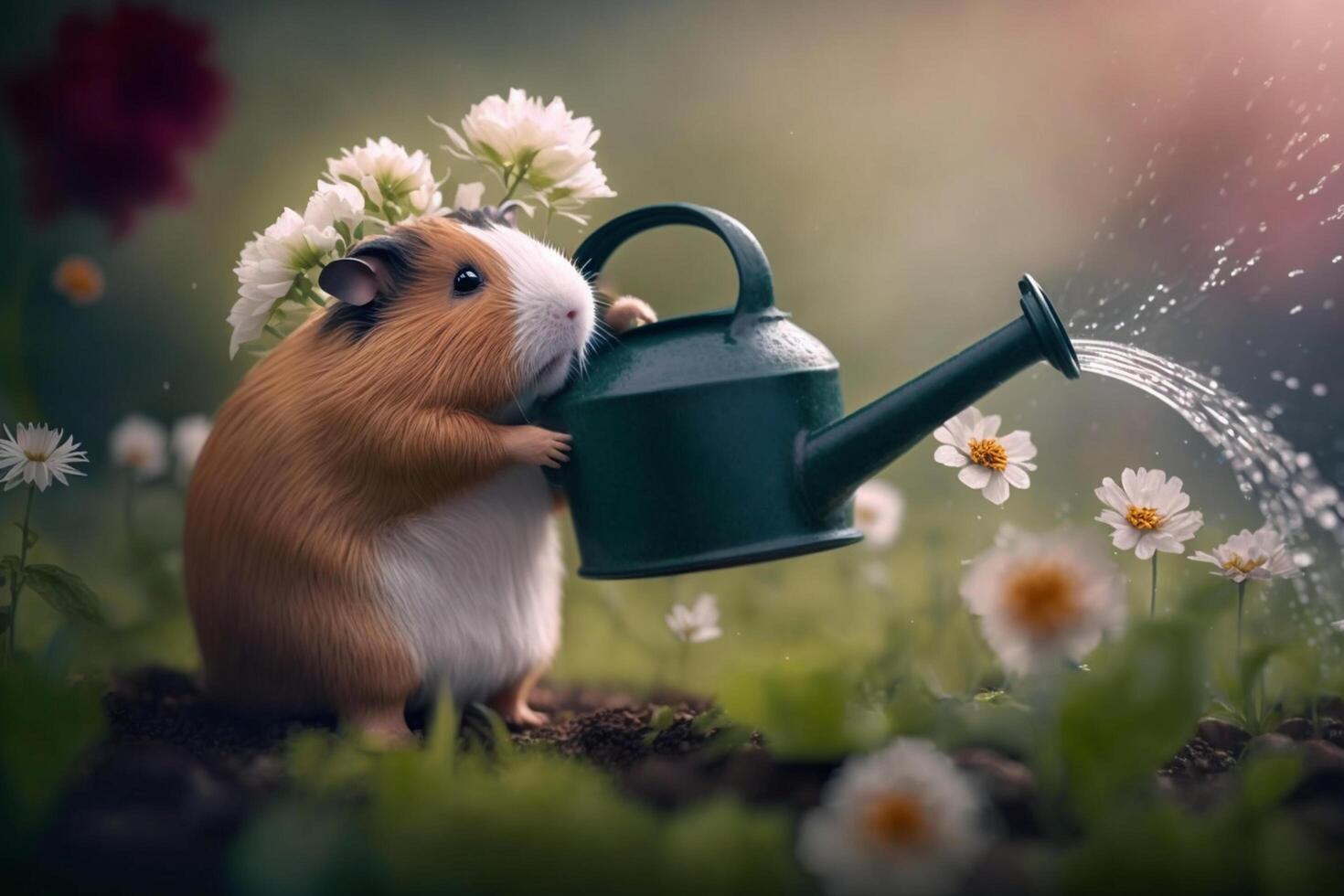 Funny guinea pig watering flowers with the watering can in the garden