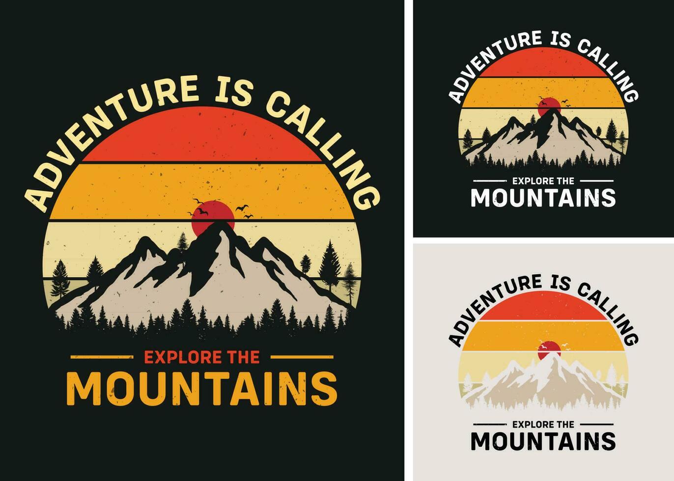 aventuras es vocación explorar el montañas retro Clásico puesta de sol camiseta diseño, cámping excursionismo al aire libre camiseta diseño vector