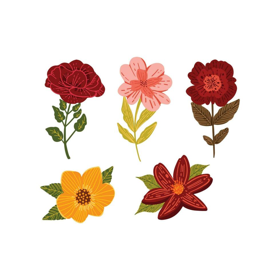 set of spring flowers with leaves vector