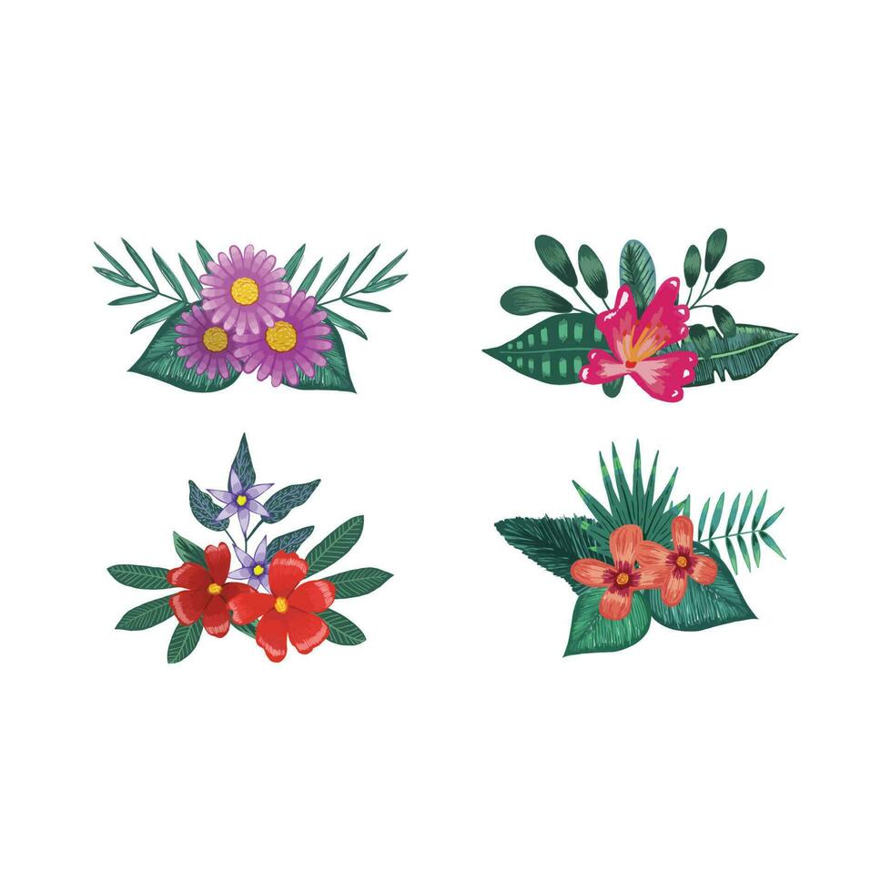set of flowers with leaves vector