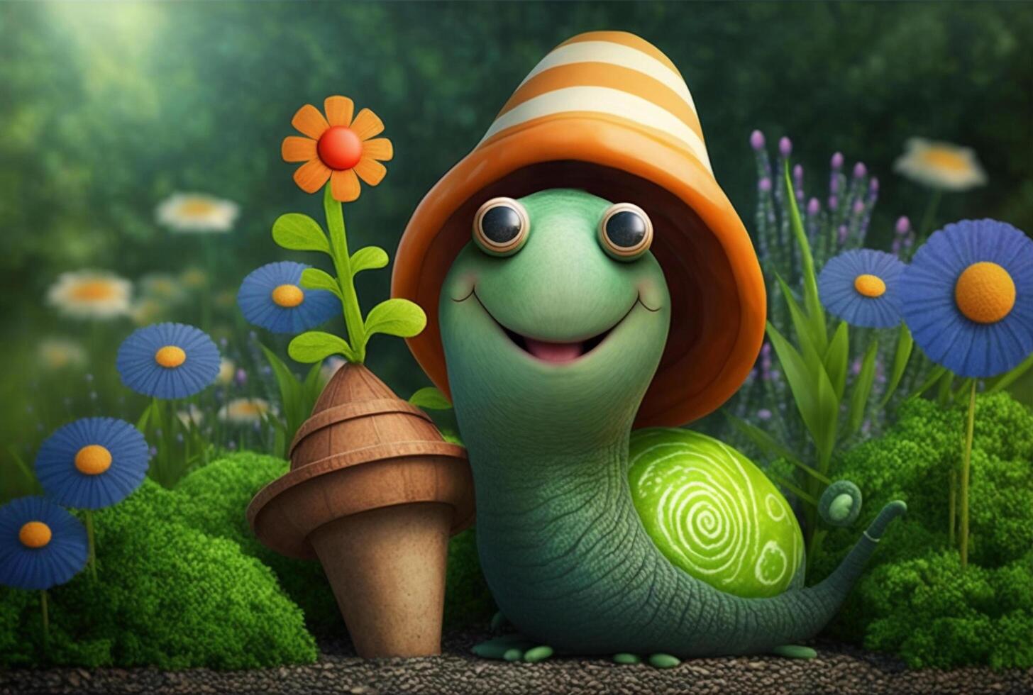 A funny enchanted imaginative snail like in a fairy tale photo