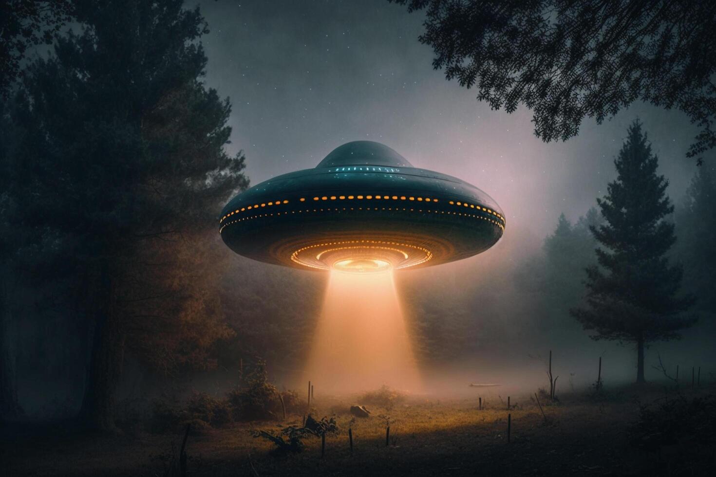 UFO an alien saucer hovering above the field in the clouds photo